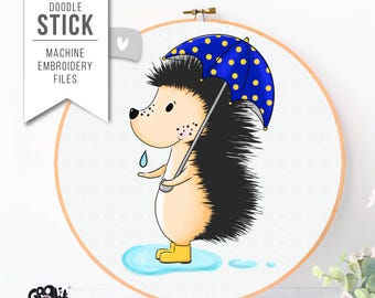 Hedgehog embroidery design with umbrella - Woodland animal doodle embroidery - 13×18, 16×26, 18×30