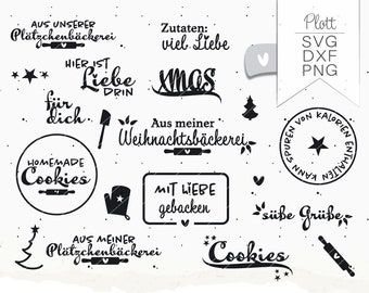 May include: Black and white hand-drawn illustrations of Christmas cookie designs. The designs include text such as "Homemade Cookies", "Aus meiner Plätzchenbäckerei", "Mit Liebe Gebacken", "Süße Grüße", and "Hier ist Liebe drin".