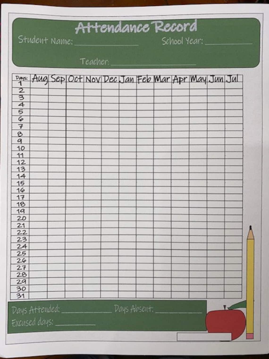 Homeschool Attendance Record Printable File For Master Teacher | Etsy