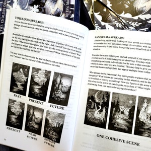 May include: Open book with black and white illustrations of tarot cards. The text describes different card spreads, including timelines and panorama spreads. The cards feature images of landscapes and figures, labeled with terms like "Past," "Present," and "Future."