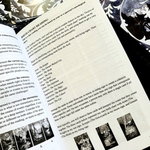 May include: Open book with text about birth chart reading, featuring a list of zodiac signs and corresponding cards from the Endless Oracle deck. The page is open on a patterned surface.