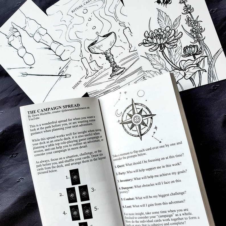 Puede incluir: Un libro abierto con una ilustraci&oacute;n de rosa de los vientos y texto, junto con dos cartas ilustradas en blanco y negro. Una carta presenta un mapa, la otra flores. El t&iacute;tulo del libro es "THE CAMPAIGN SPREAD".