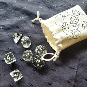 Puede incluir: Un conjunto de dados transparentes de múltiples caras con números blancos, dispersos sobre una superficie azul oscuro estampada. También hay una bolsa con cordón crema con diseños geométricos negros. Para juegos de mesa.