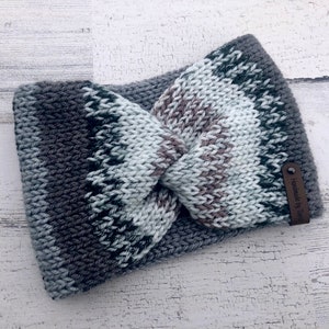 Hand Knitted Fair Isle Winter Headband, Multi Color Twisted Ear Warmer for Adults