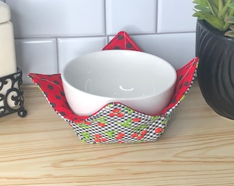 Red Cherry Microwave Bowl Cozy, Padded Cotton, Christmas Gift