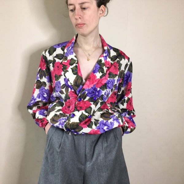 Vintage 80s silky shell floral sports leisure tuxedo new wave blouson tracksuit top jacket. Size 8/10/12 UK