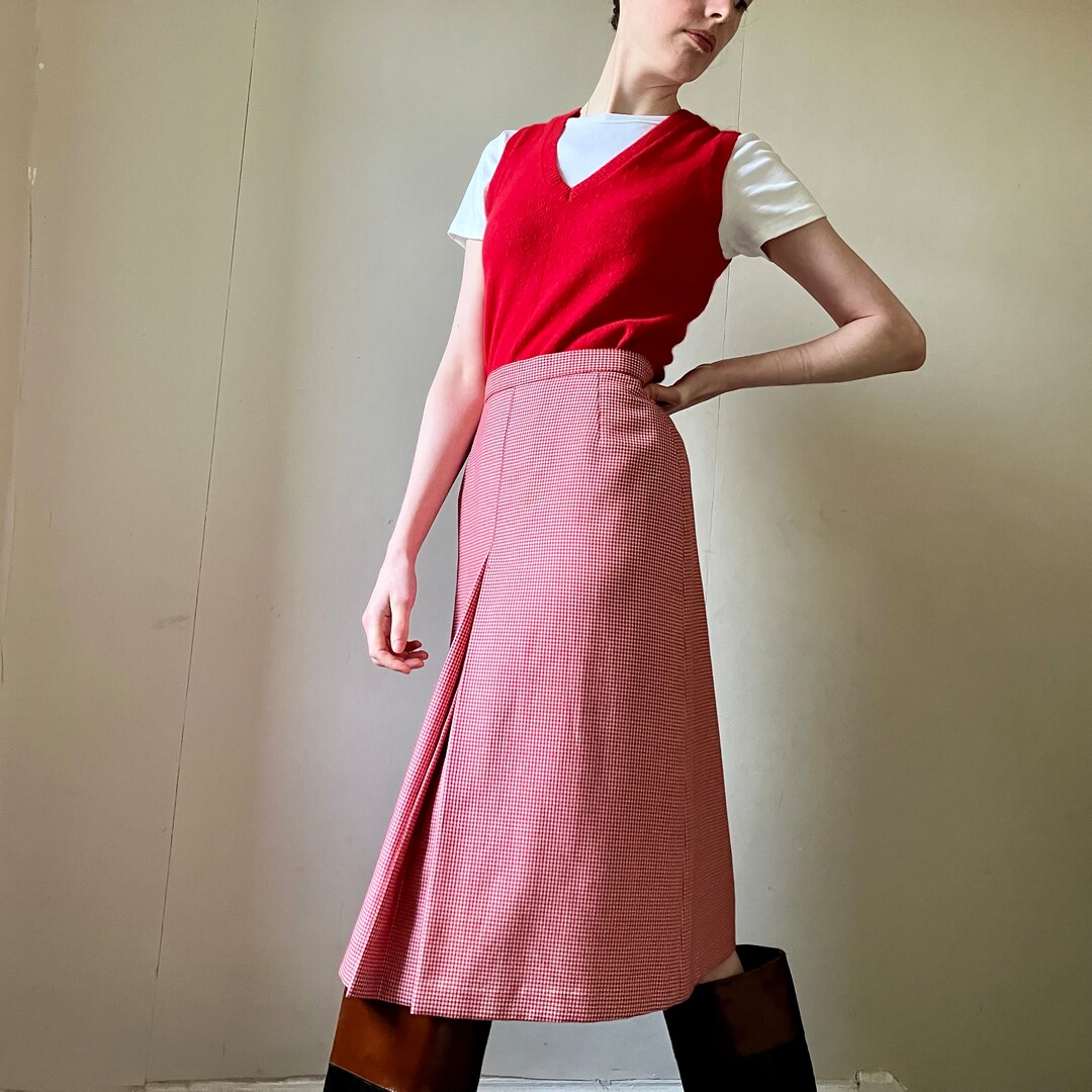 Vintage Red High Waist Houndstooth Midi Skirt Size 810 Uk Etsy
