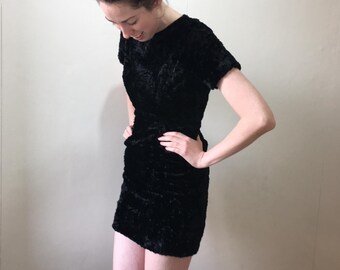 Vintage 60s black fake fur glam rock disco bodycon mini dress. Size : 8/ small 10 UK