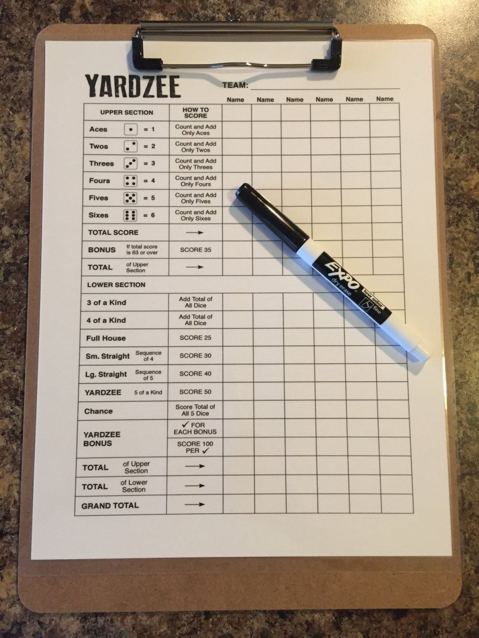Double Sided Laminated Yardzee Scorecard With Clipboard and Low Odor