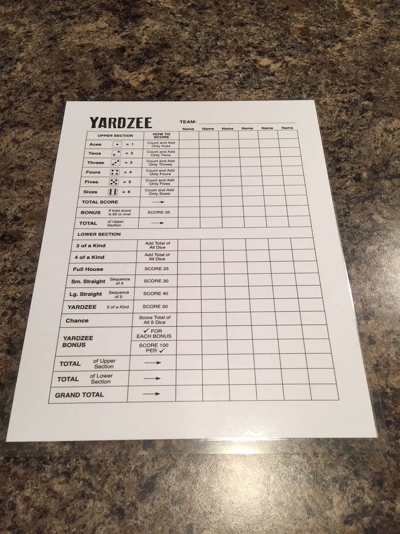 Double sided laminated Yardzee scorecard 8.5 x 11 image 1