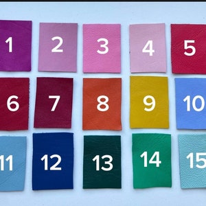May include: A numbered chart of 15 different colored leather swatches. The swatches are arranged in three rows of five. The swatches are numbered 1 through 15.