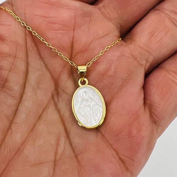 Mother of Pearl Virgin Mary necklace • Catholic Necklace • Catholic gift • Virgen de la milagrosa • Religious jewelry • 18 K Gold filled nec