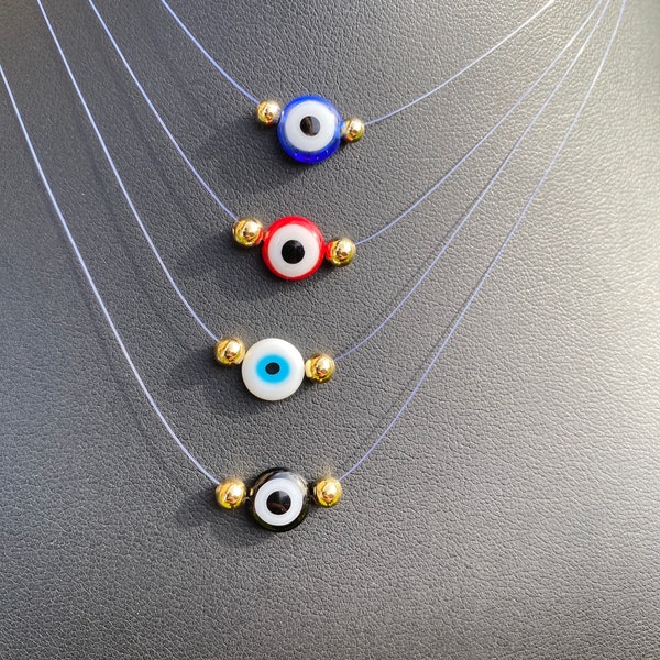 Evil Eye Floating on fine clear illusion Nylon ,  Necklace for women , Minimalist Necklace , Floating Necklace , Turkish Eye Necklace .