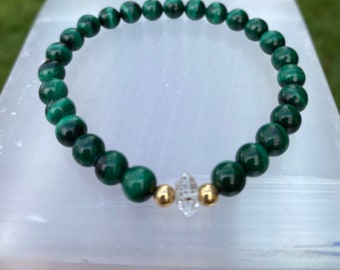 AAA Genuine Malachite Bracelet with Herkimer Diamond • 6 mm Beads• Crystal Jewelry •Healing Crystal • Gemstone Bracelet• Malachite Jewelry•