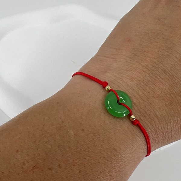 Jade bracelet Red string • Natural Jade Donut •18K goldfilled beads• Good Luck bracelet• Jade jewelry • wealth amulet• Handmade jewelry •