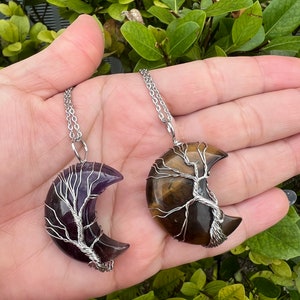 Moon necklace- Amethyst necklace- tiger eye necklace -crystals for healing -Natural wire wrapped pendant necklace, moon pendant