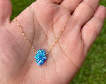 Synthetic Opal Hamsa Necklace • Gold Filled Chain• Blue Opal Hamsa • Jewelry• Gold Filled Jewelry• gold Filled Necklace • Turkish Amulet•