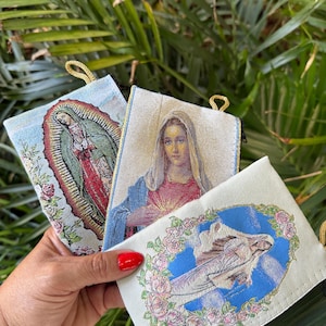 Virgen María • Estuche para rosario con tarjeta de oración • Monedero • Monedero con cremallera • Bordado, regalo católico •
