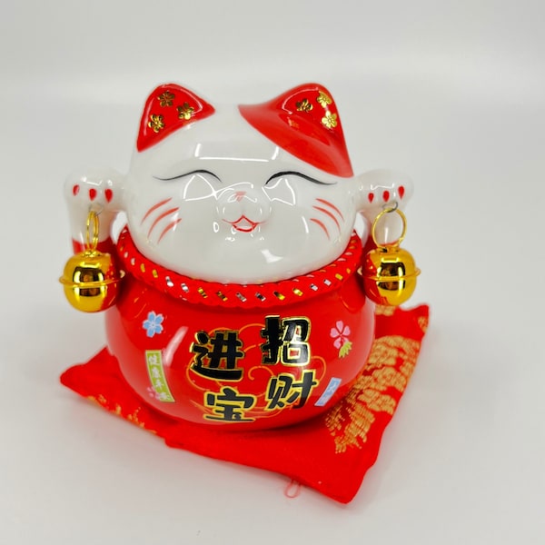 Japanse Maneki Neko Lucky Cat-beeldje Wenkende kattenfiguur • Gelukskattenbeeld voor rijkdom en welvaart • Keramische kattensculptuur • Porseleinen kat