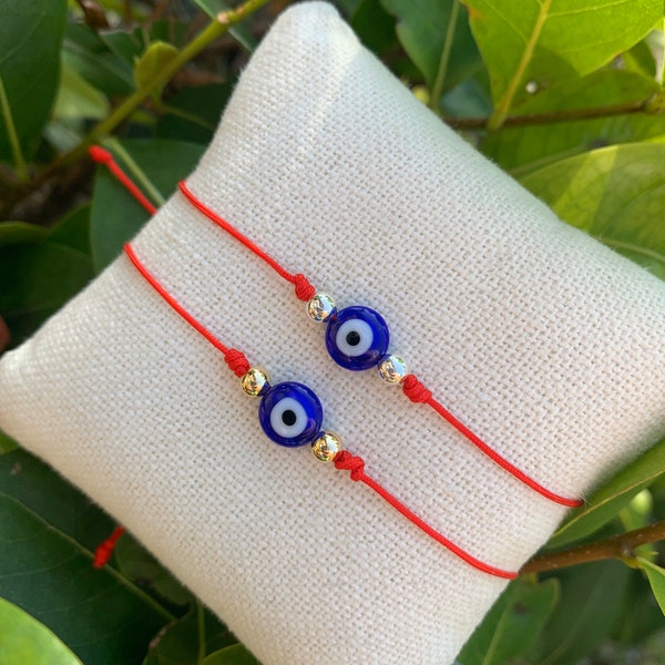 Blue Evil Eye Red String - Adjustable Bracelet -  Unisex - Adult -Baby - Good Luck - Protection - Handmade Jewelry - Goldfilled - Silver.