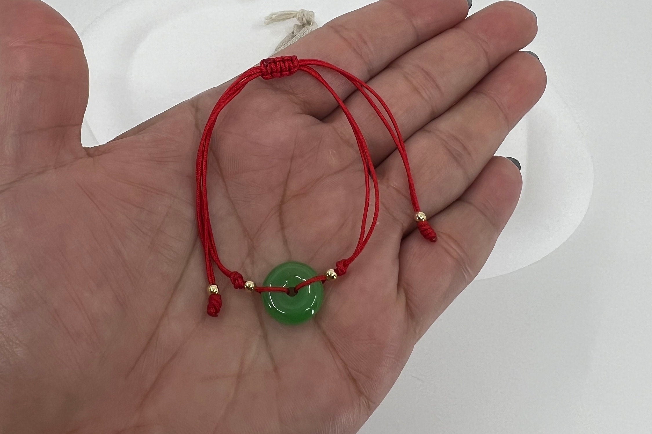 Jade Donut Bracelet: Red String, 18K Gold Filled Beads, Good Luck