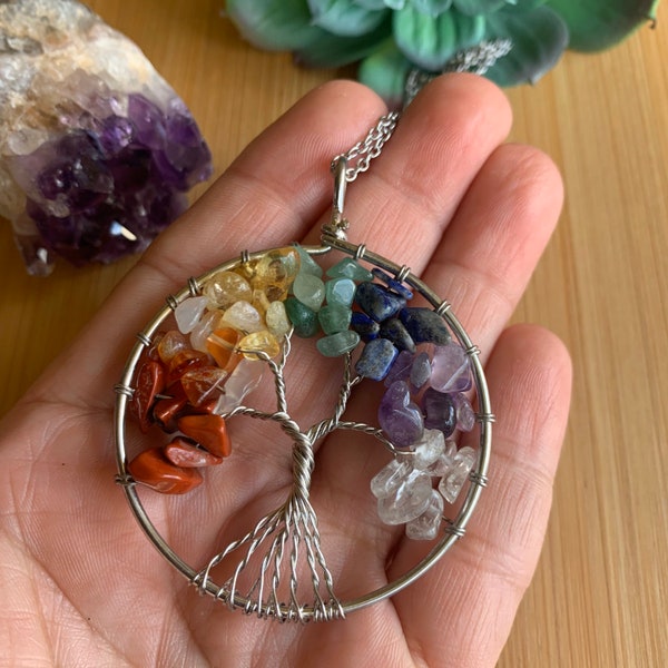 Tree Of Life Necklace , Chakra Jewelry , Chakra Pendant , Stain Steel Pendant , Yoga Jewelry, Healing Chakra Jewelry , Healing Stones.