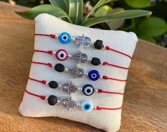 Protection Hamsa Bracelet with genuine azabache and evil eye bead•hand of fatima •Adjustable Bracelet• Unisex Bracelet •Red String bracelet