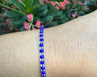 Può includere: Un braccialetto di perline blu con perline trasparenti intercalate. Il braccialetto è indossato su un polso, con uno sfondo di fogliame verde e fiori rosa.