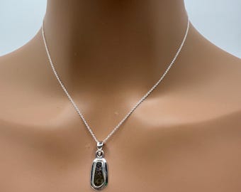 May include: A silver necklace with a pendant. The pendant has a rectangular shape with a dark, textured center and a silver border. The necklace is displayed on a person.