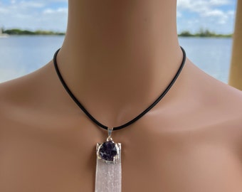 Selenite Wand Necklace: Amethyst Crystal Healing Pendant