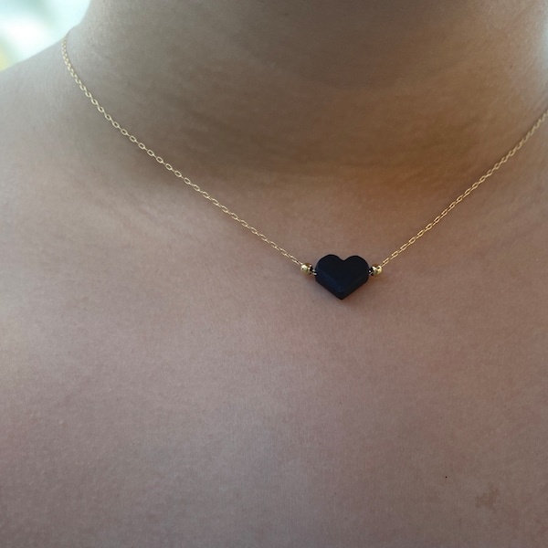 Protection Necklace • Azabache Heart • Jet stone •handmade Jewelry • 18 K Gold Filled Chain • Gifts.