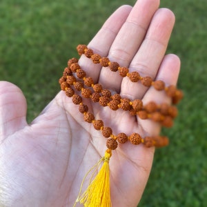 Genuine Rudraksha Mala 6 mm Knotted 108 beads • Orange tassel Necklace • Mala India •Unisex Mala •Yoga Meditation •Buddhist Tibetan prayer.