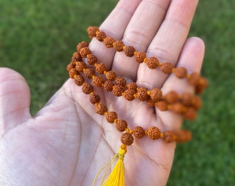 Genuine Rudraksha Mala 6 mm Knotted 108 beads • Orange tassel Necklace • Mala India •Unisex Mala •Yoga Meditation •Buddhist Tibetan prayer.