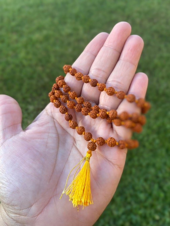 Genuine Rudraksha Mala 6 Mm Knotted 108 Beads Orange Tassel
