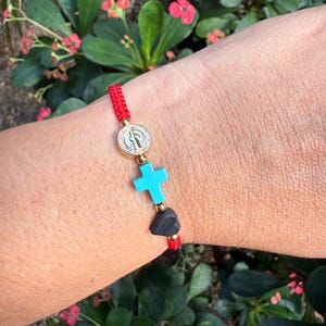 Bracelet for protection with Genuine Azabache , Saint Benedict and Turquoise  cross • Red String Bracelet• Handmade jewelry• Macrame j