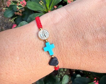Handmade Red String Protection Bracelet, Azabache, Turquoise Cross