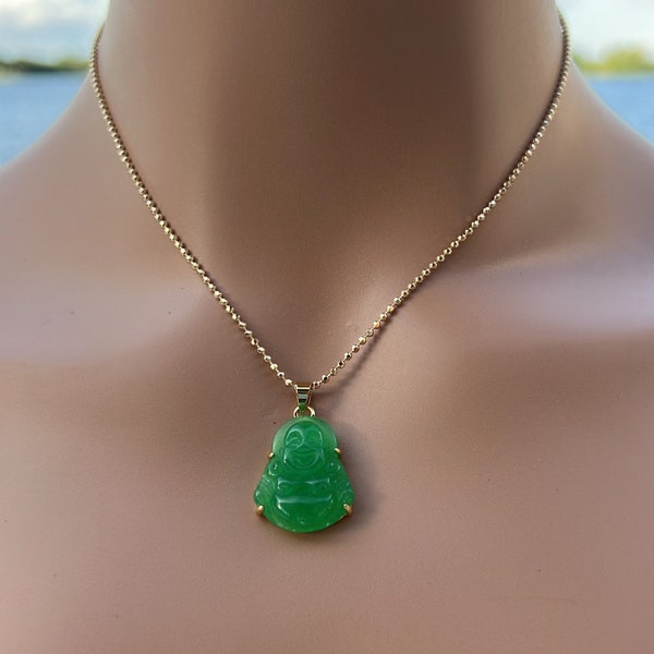 Dainty Jade Buddha Necklace, Tiny Buddha Pendant, 18 K Gold filled Genuine Jade, Green Jade, Small Charm, Dainty Necklace