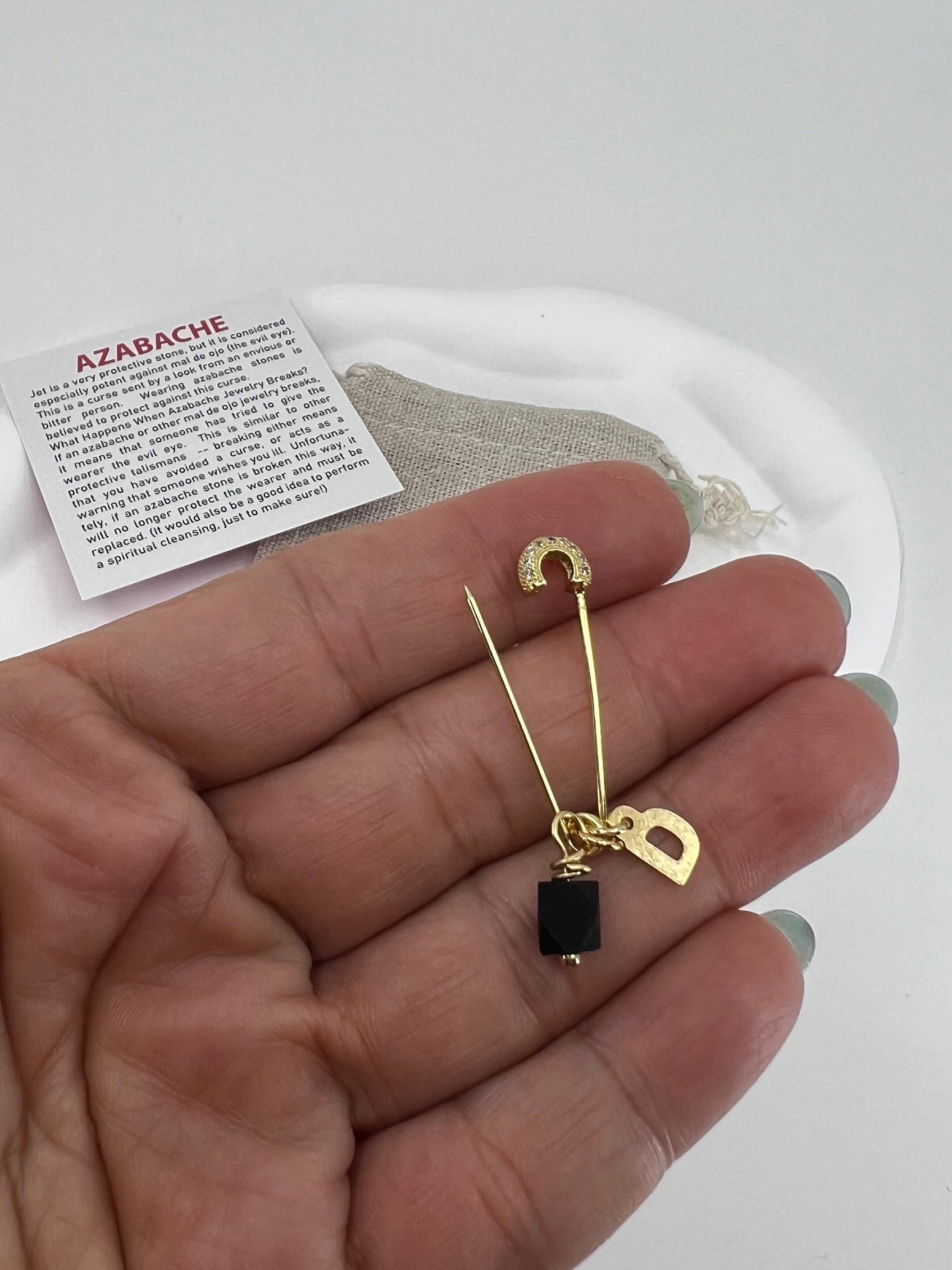 Azabache Baby Pin: Jet Stone, Gold Filled Evil Eye Brooch