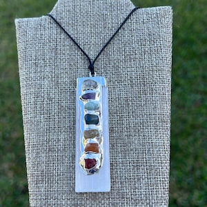 2”1/2 Selenite Chakra Necklace • 7 Chakras Pendant • Chakra Necklace • Selenite Necklace Jewelry • 7 Chakras Stones • Manifestation Stone •