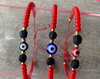 Véritable Azabache avec Mauvais Œil - Perles Miyuki - String Rouge - Noir - Bleu -Rouge - Protection- Mal de Ojo - Jet Stone - Ajustable.