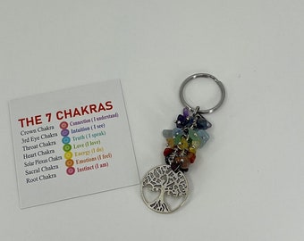 May include: A silver tree of life keychain with seven chakra stones in rainbow colors. The stones are amethyst, aquamarine, green aventurine, yellow citrine, carnelian, red jasper, and black obsidian. The keychain also includes a card with the names of the seven chakras and their meanings.