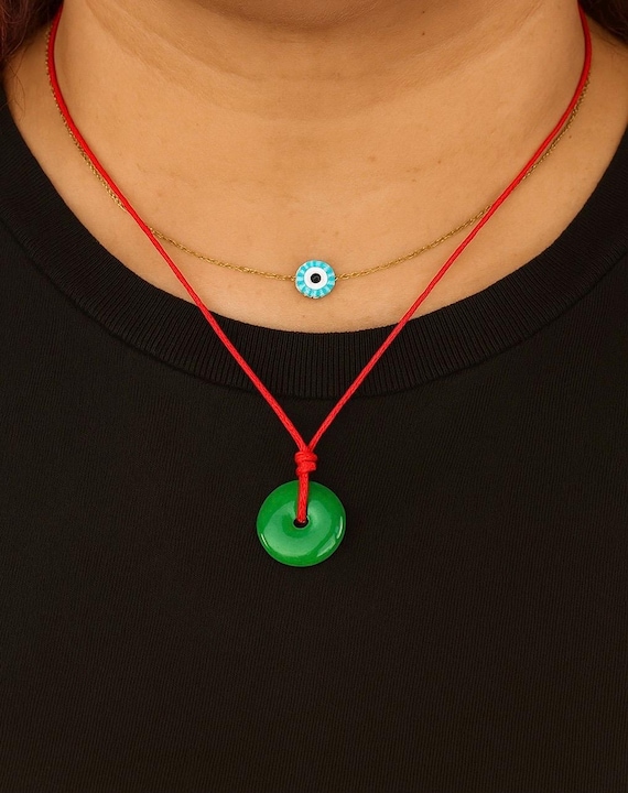 Green Jade Donut Necklace on Red Cord Adjustable Protection Amulet for Luck, Balance & Prosperity