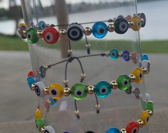 Evil Eye Adjustable Bracelet - Multicolor Evil Eye -Red and Black String - Goldfilled Beads - Handmade Jewelry- Believe - Protection .