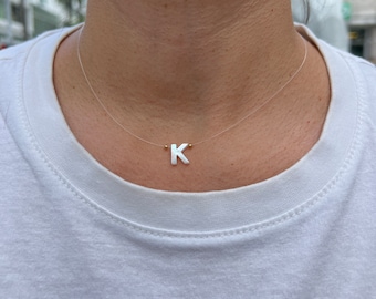 Mother of Pearl Initial Necklace: Tiny Letter, Nylon Choker
