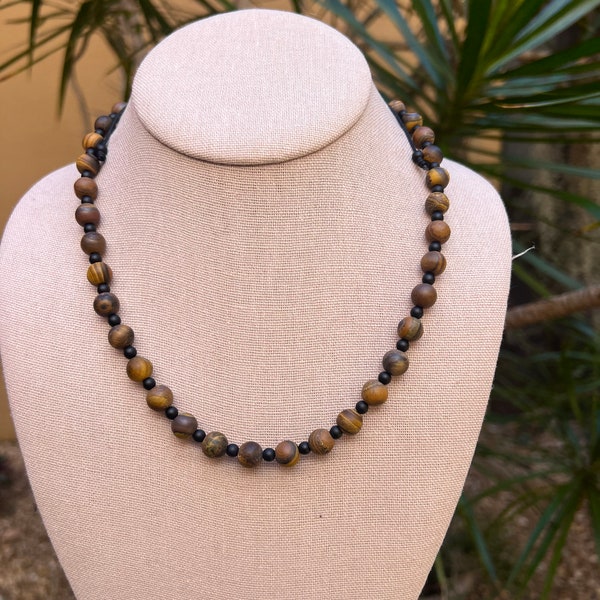 Men’s Protection Necklace Big Tiger Eye Beads Necklace Black Onyx Beaded Adjustable Long Necklace Gift For Men Christmas Gift