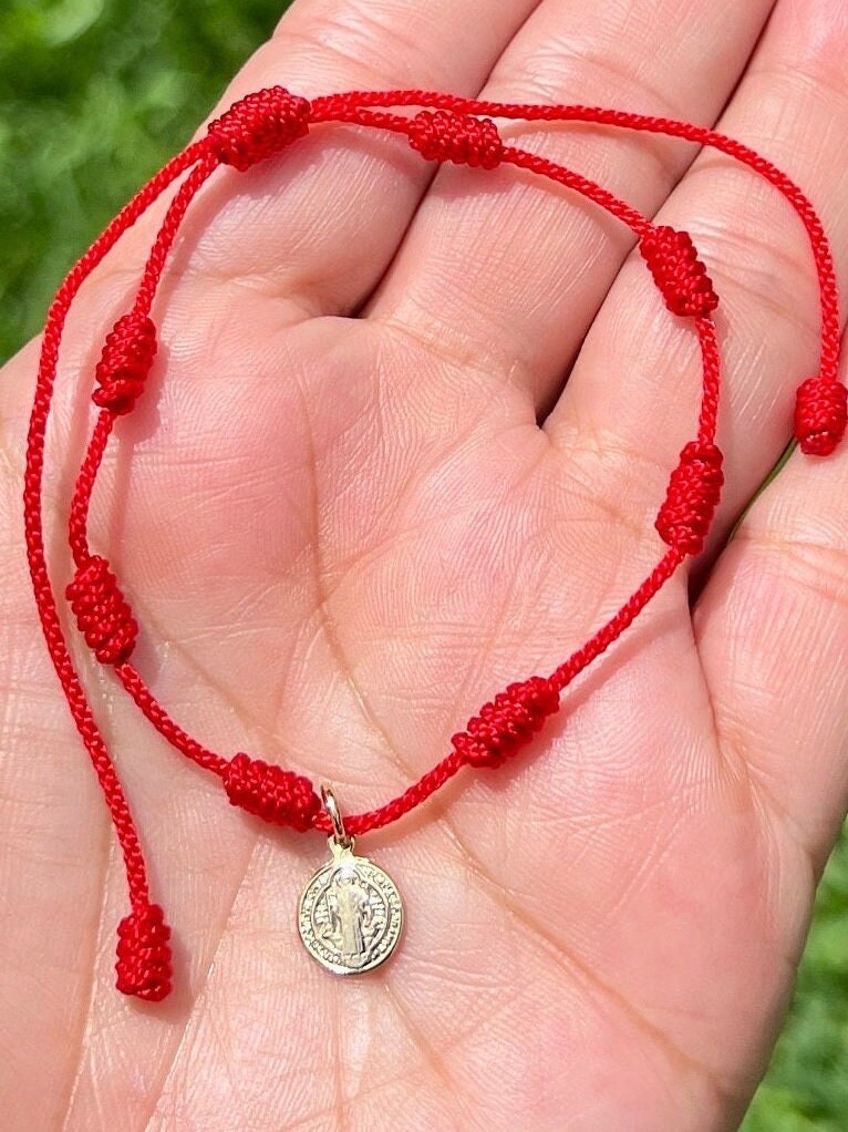 COLORFUL BLING 2Pcs Catholic Virgin Mary Saint Benedict Cross Bracelet Set - Adjustable Red String 7 Knots, Religious Protection Jewelry Gift - View #6