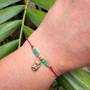 May include: A red string bracelet with green beads and a gold-colored charm of a cat. The bracelet is worn on a wrist, with green foliage in the background.