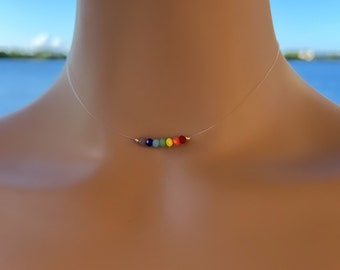 Rainbow Floating neclace • clear illusion nylon• Minimalist necklace •floating necklace •Gay Pride LGBT • Rainbow Jewelry •Pride jewelry