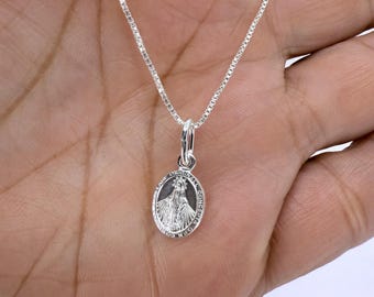 Collar de Medalla Milagrosa de Plata de Ley: Colgante de la Virgen María Católica