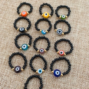 Evil Eye Rings - Elastic Rings - Evil Eye Jewelry- Black Seed Beads - Handmade - Adjustable Rings - Protection -Goldfilled- Rings.